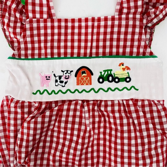 Marie Nicole Clothing Gingham Farm Animal Embroidered Romper Red White Ruffle - Picture 3 of 8